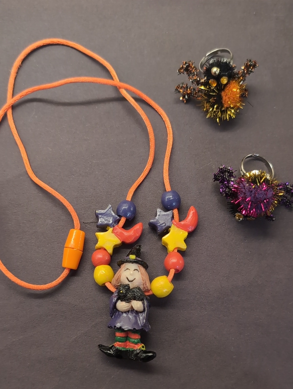 Halloween Witch Pendant Necklace - Orange And Spider Rings